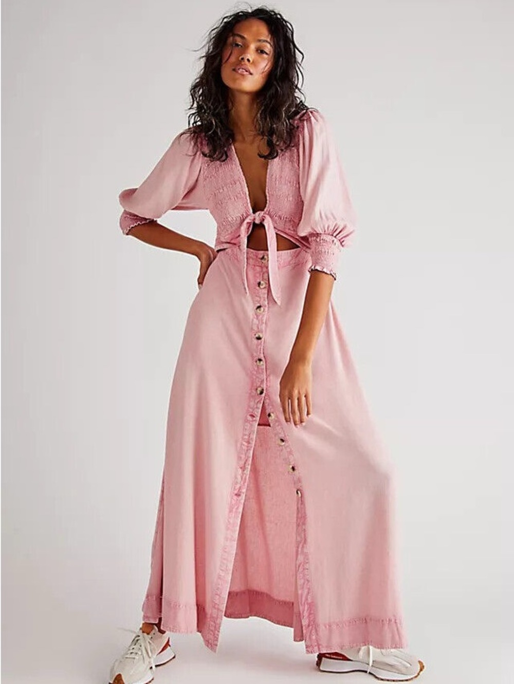 NWOT Free People String of Hearts Smocked Cutout Pink Maxi Dress Sz XS